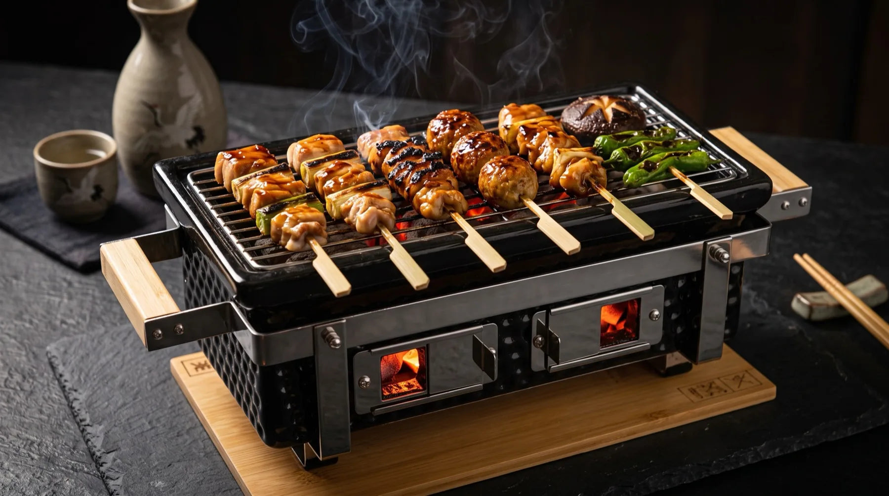 Brochetas de yakitori sobre el Kuro Grill rectangular con las entradas de aire encendidas