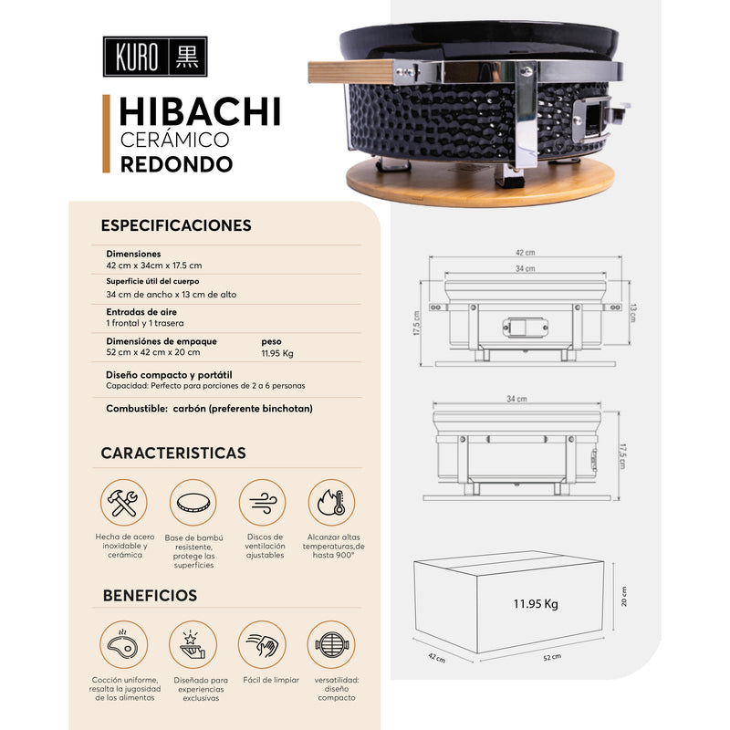 Ficha técnica Hibachi Redondo Kuro Grill - medidas y especificaciones