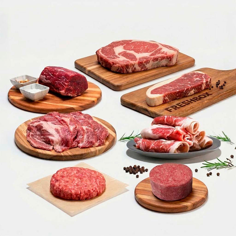 Paquete 3 de Sabor es Polanco, que incluye: Ribeye prime, Nueva york HC, Hamburguesa, Diezmillo HC, Carne molida, HC Taquero y Tenderloin HC