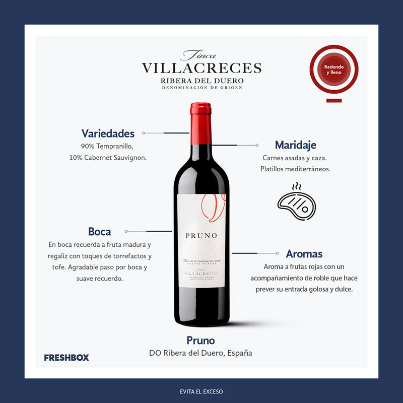 Vino tinto Pruno 750 ml Ribera del Duero Finca Villacreces botella premium Freshbox