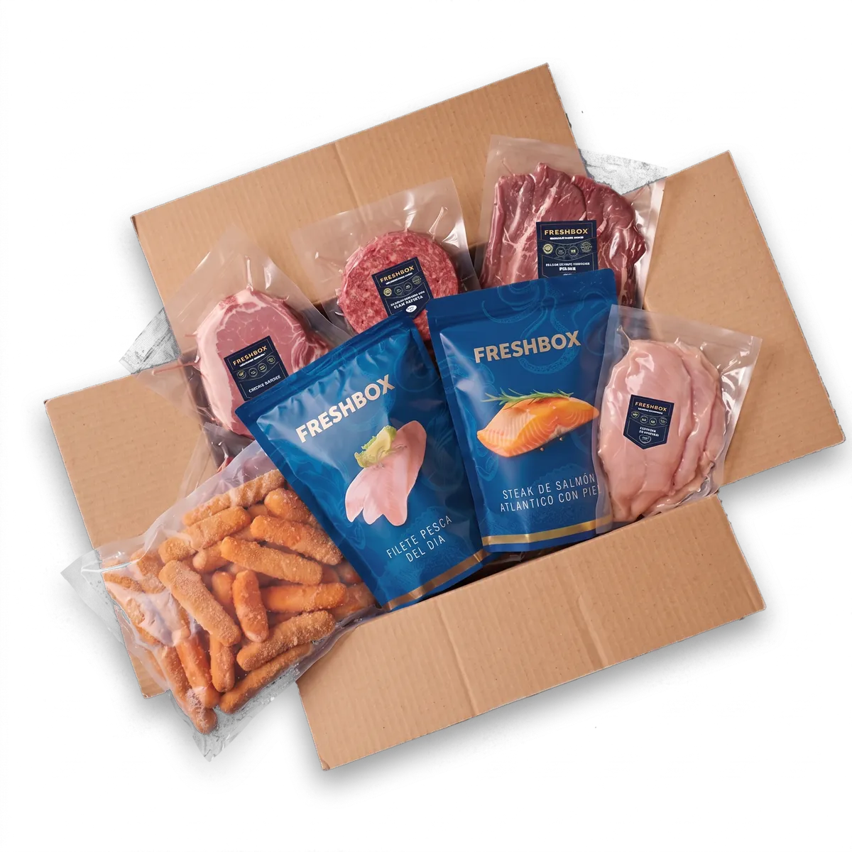 Caja Back to School abierta con seis proteínas empacadas al vacío