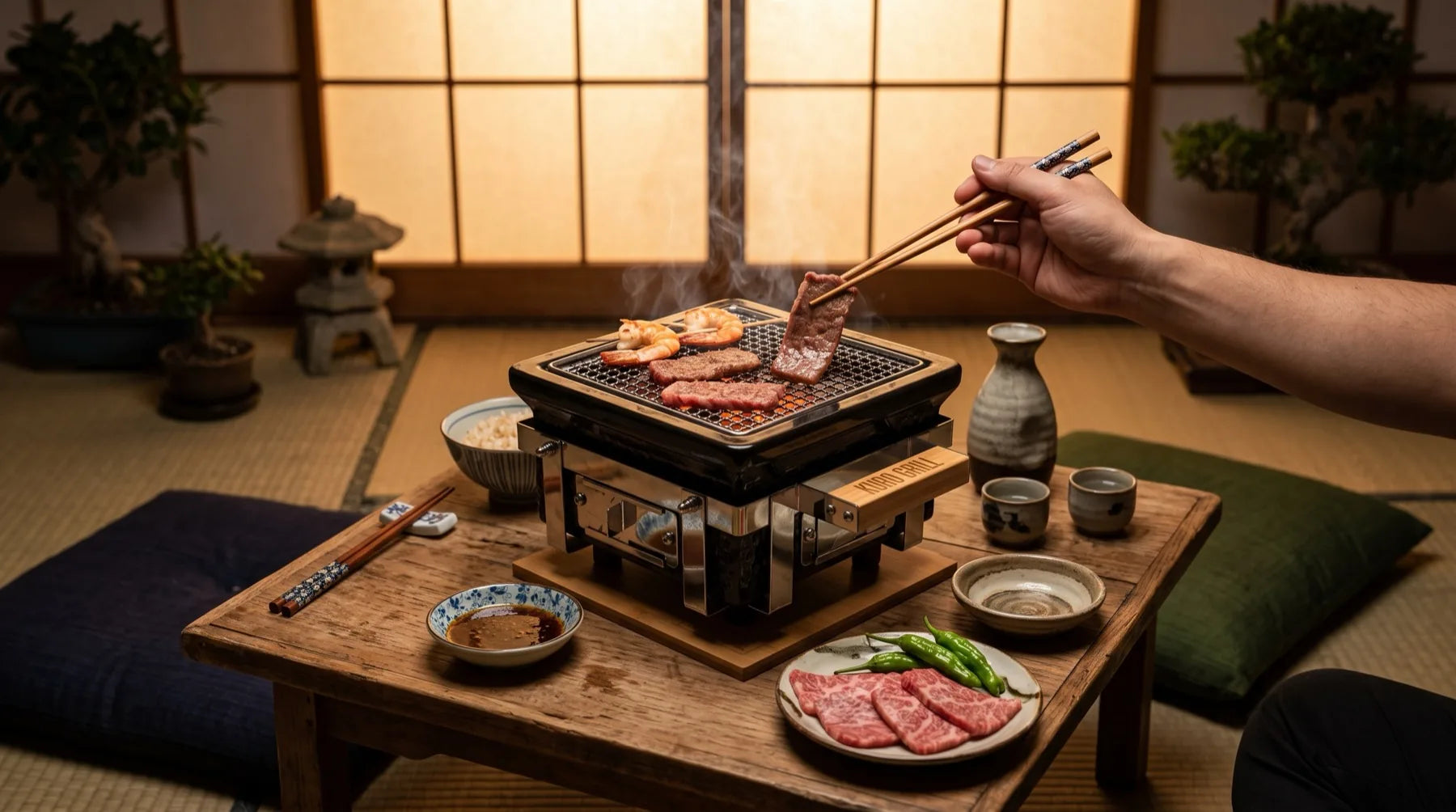 Kuro Grill mini sobre una mesa baja chabudai, con cojines zabuton sobre tatami