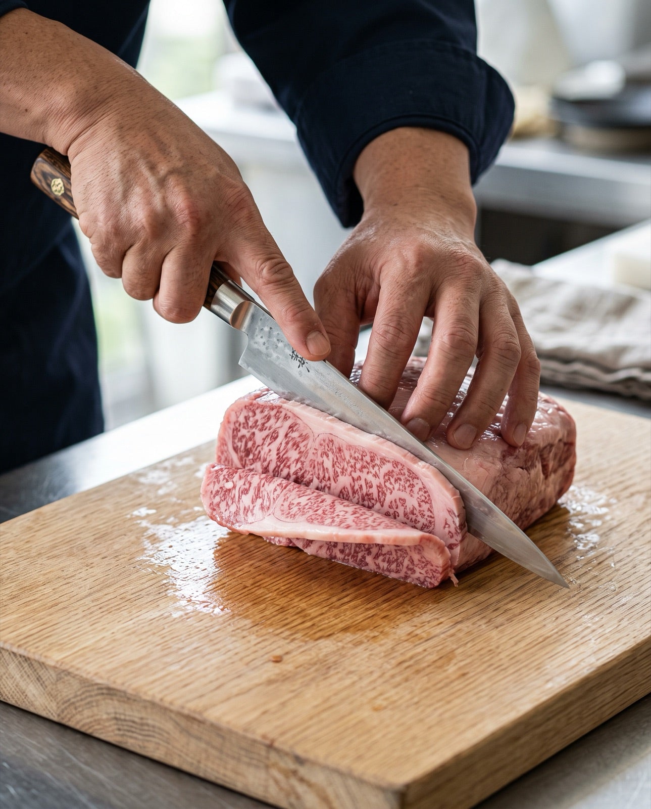 Corte de una pieza de Wagyu con cuchillo japonés
